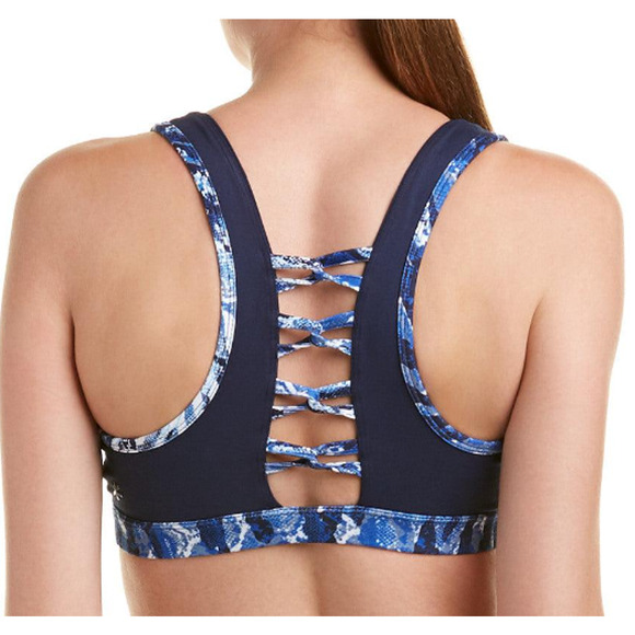 Splendid Blue Sports Bra XS Python Plunging Strappy Back Medium Support NEW - Picture 2 of 8